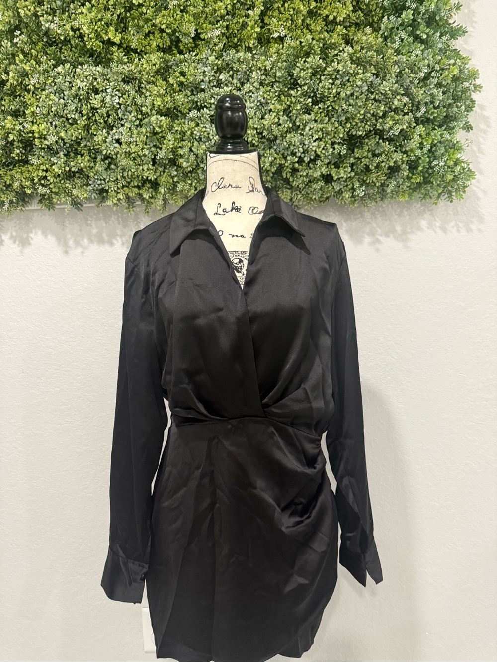 Zara Black Satin Wrap Shirt Mini Dress Long Sleeve Size L NWT